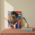 James Baldwin canvas print on fabric table with portrait proportions — Black literary icon art