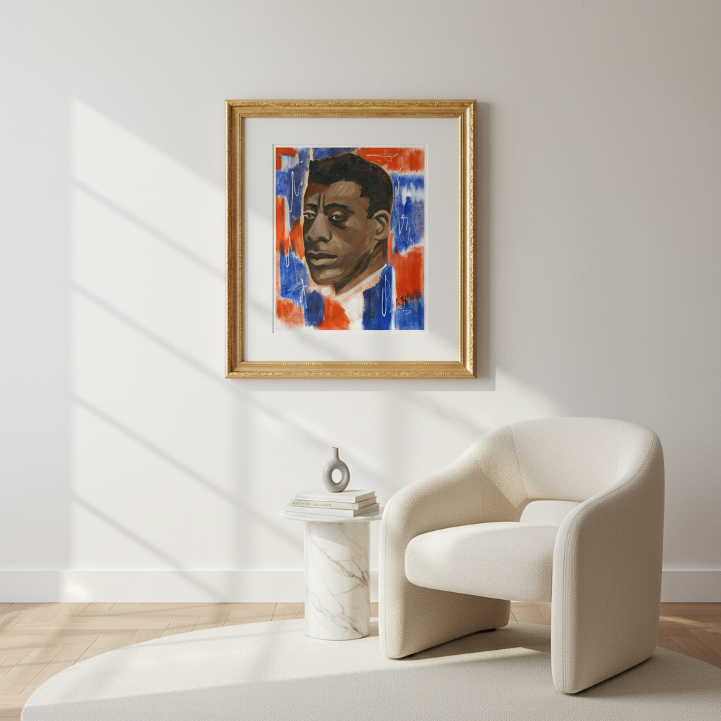 Framed artwork of a portrait with a modern white chair and table in a room.