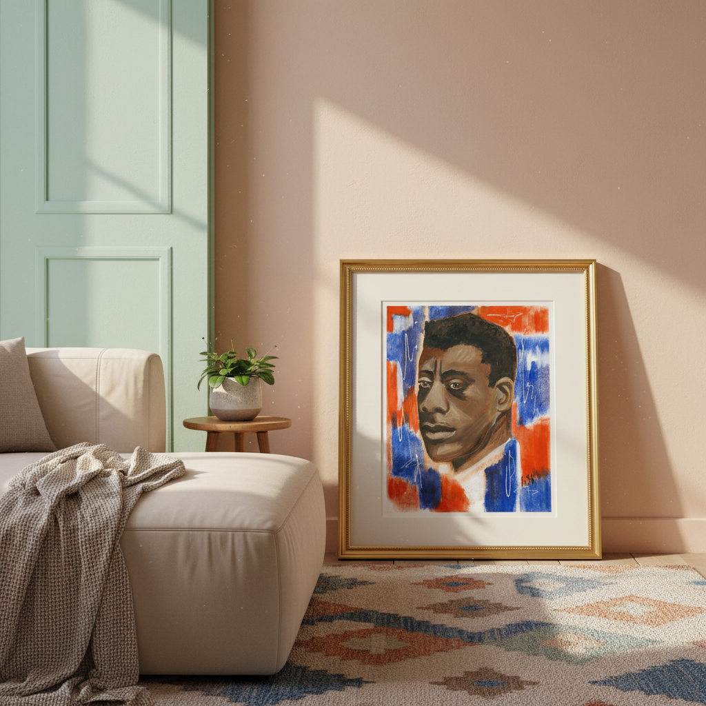 Framed artwork of a portrait in a living room setting with a couch and plant.