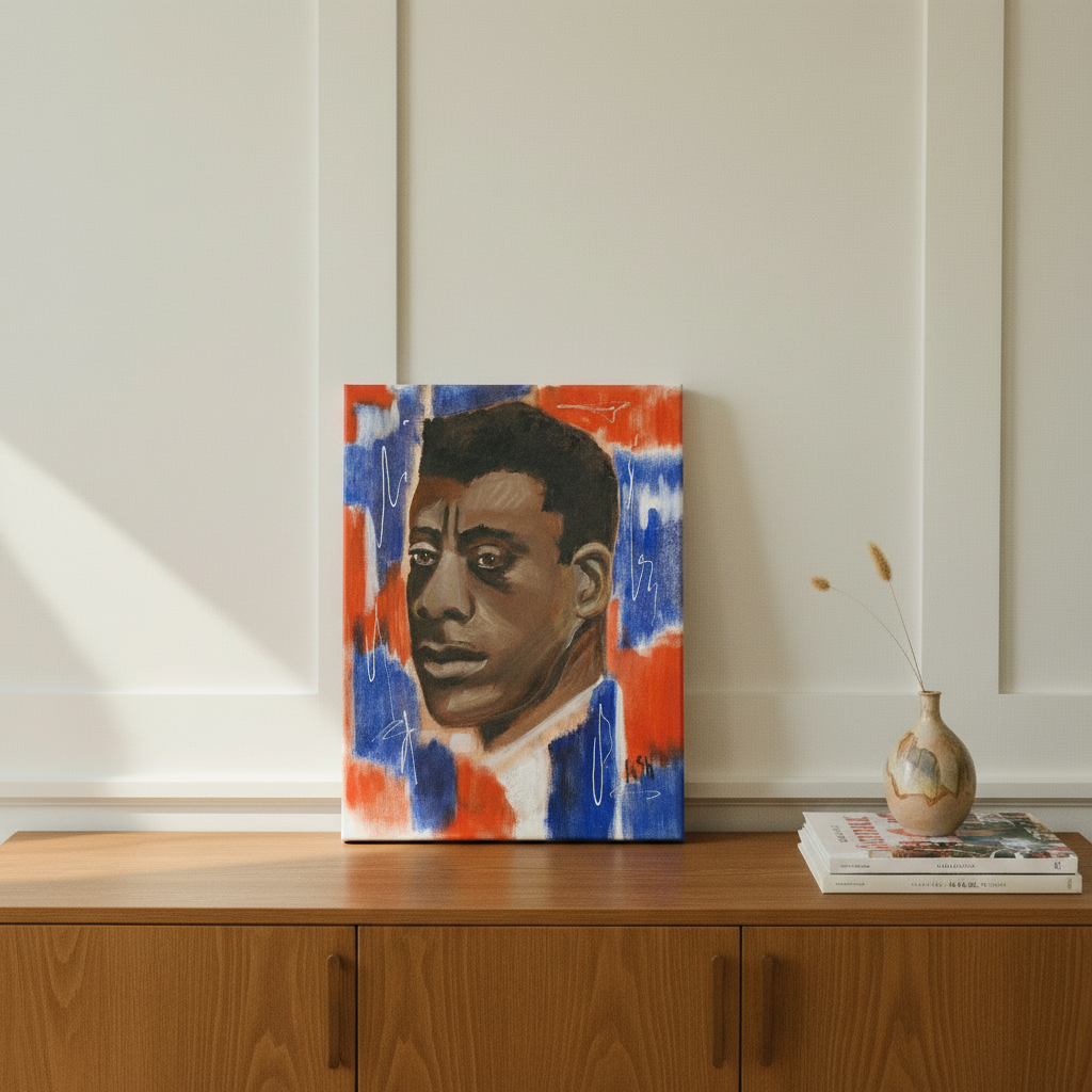 James Baldwin canvas print on sideboard with portrait proportions — Black literary icon canvas art