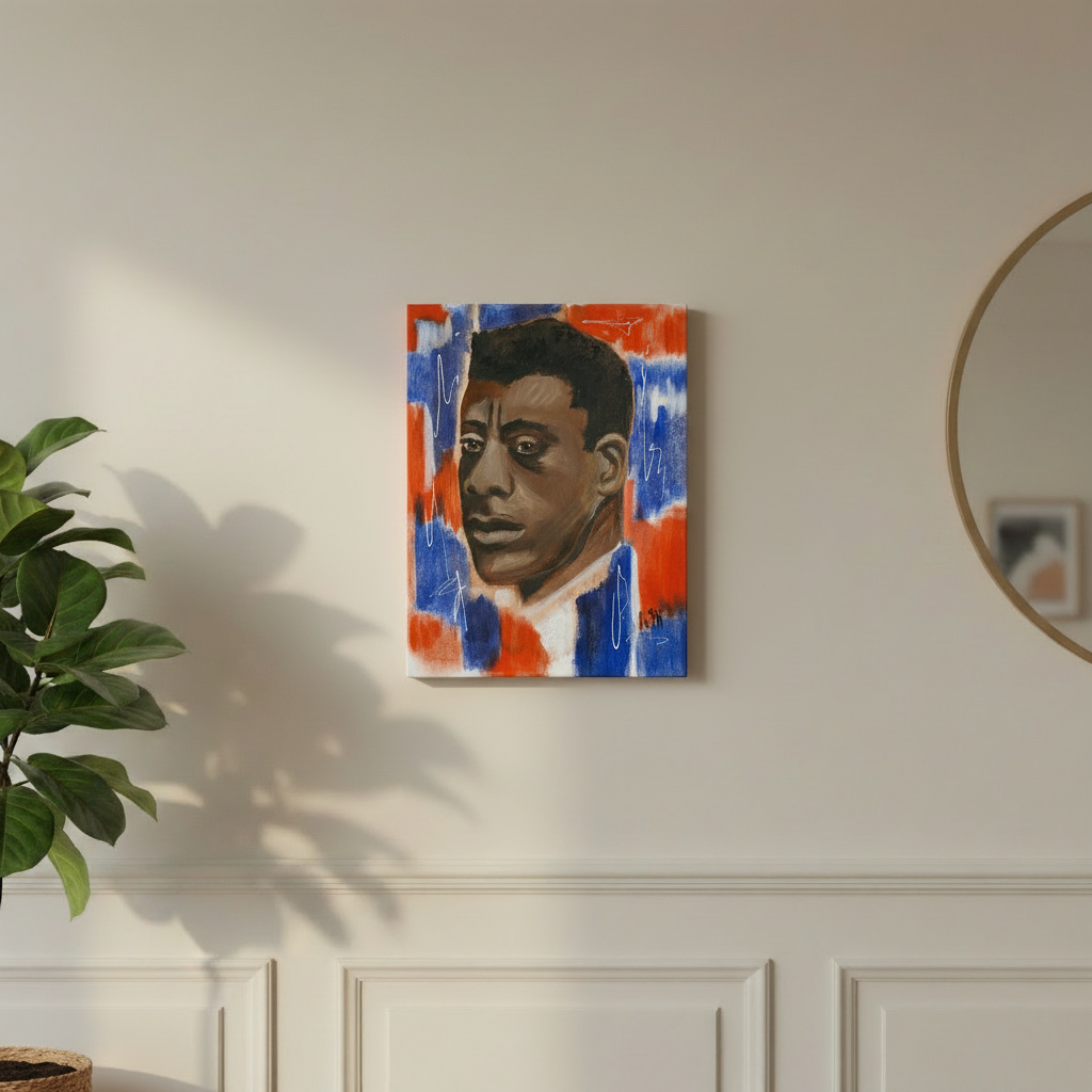 James Baldwin canvas print hung on wainscoting wall with portrait orientation — Black icon art