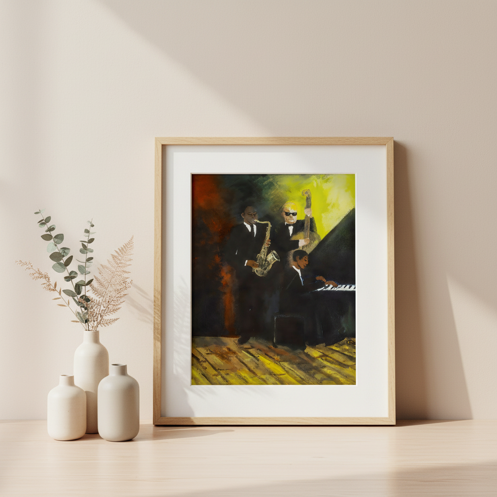 Framed artwork of a jazz band on a wall with decorative vases below.