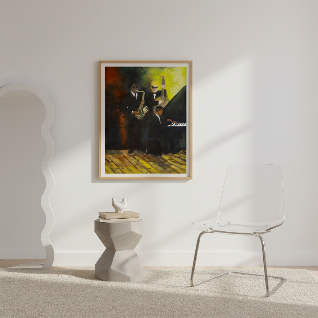 Modern interior with a painting of a man playing piano, a glass chair, and a side table.