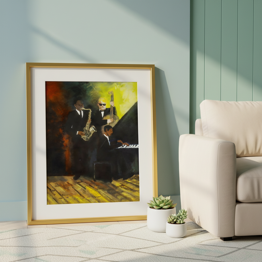 Framed painting of musicians in a living room setting with a beige armchair and potted plants.