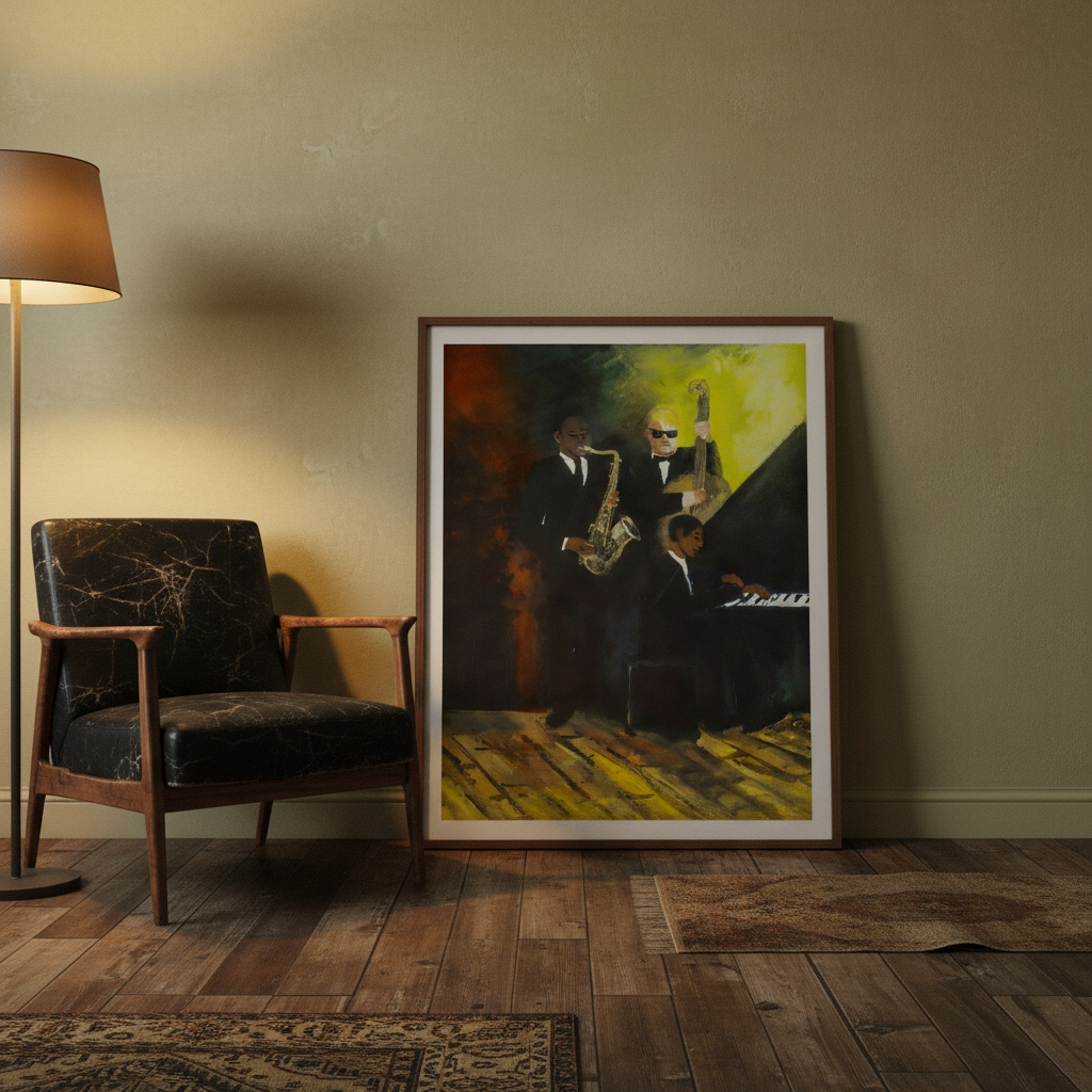 Framed artwork of musicians in a room with a chair and lamp.