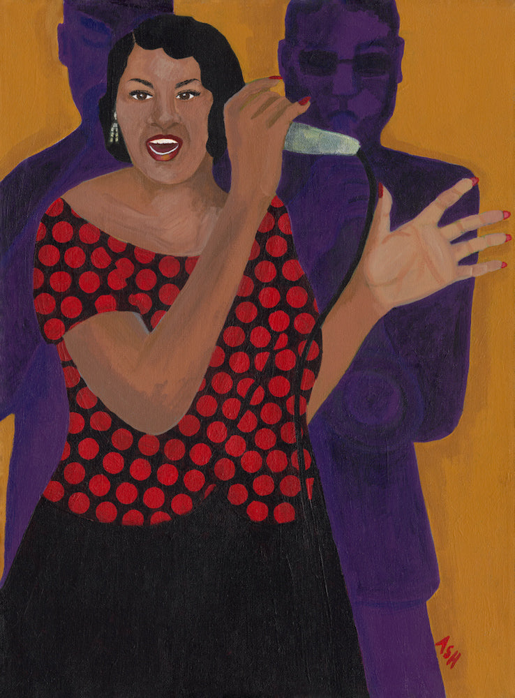 'Jazz Singer' art print: African American woman in a red polka-dot dress passionately singing, with one hand raised and a microphone in the other, accompanied by silhouetted musicians against a vibrant orange and purple background.