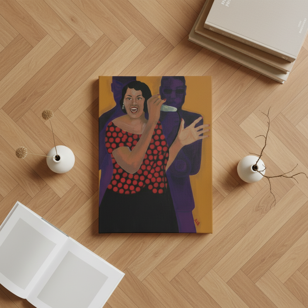 Jazz Singer canvas print bird's eye view on herringbone floor with ceramics — Black jazz art
