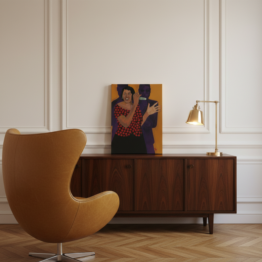 Jazz Singer canvas print diagonal with Parisian chair in foreground — Black jazz vocalist wall art