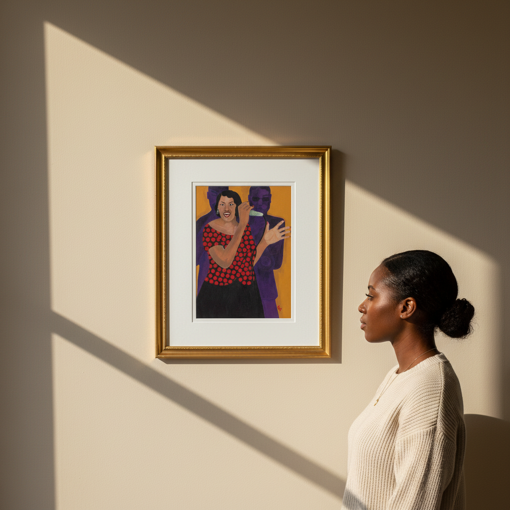Woman looking at a framed artwork of two people on a beige wall.