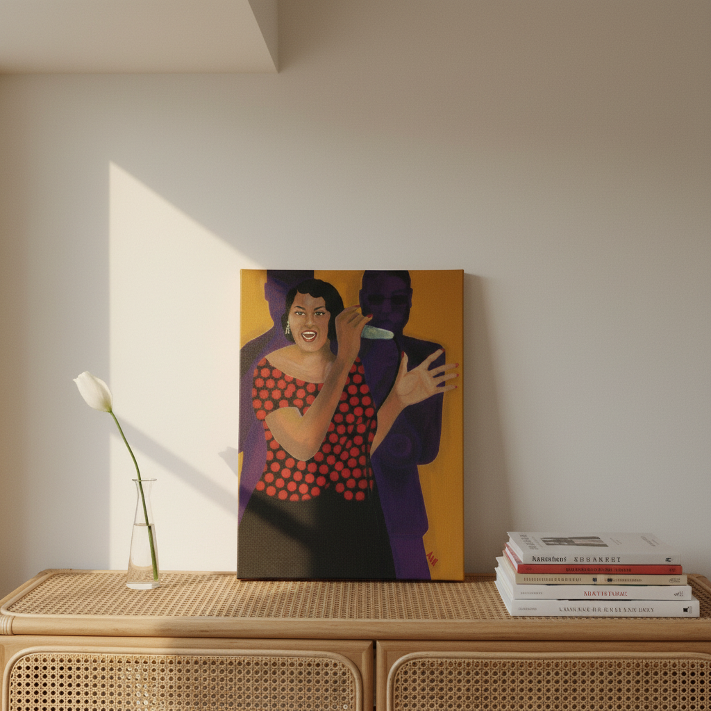 Jazz Singer canvas print laying on surface on console table — Black jazz vocalist wall art