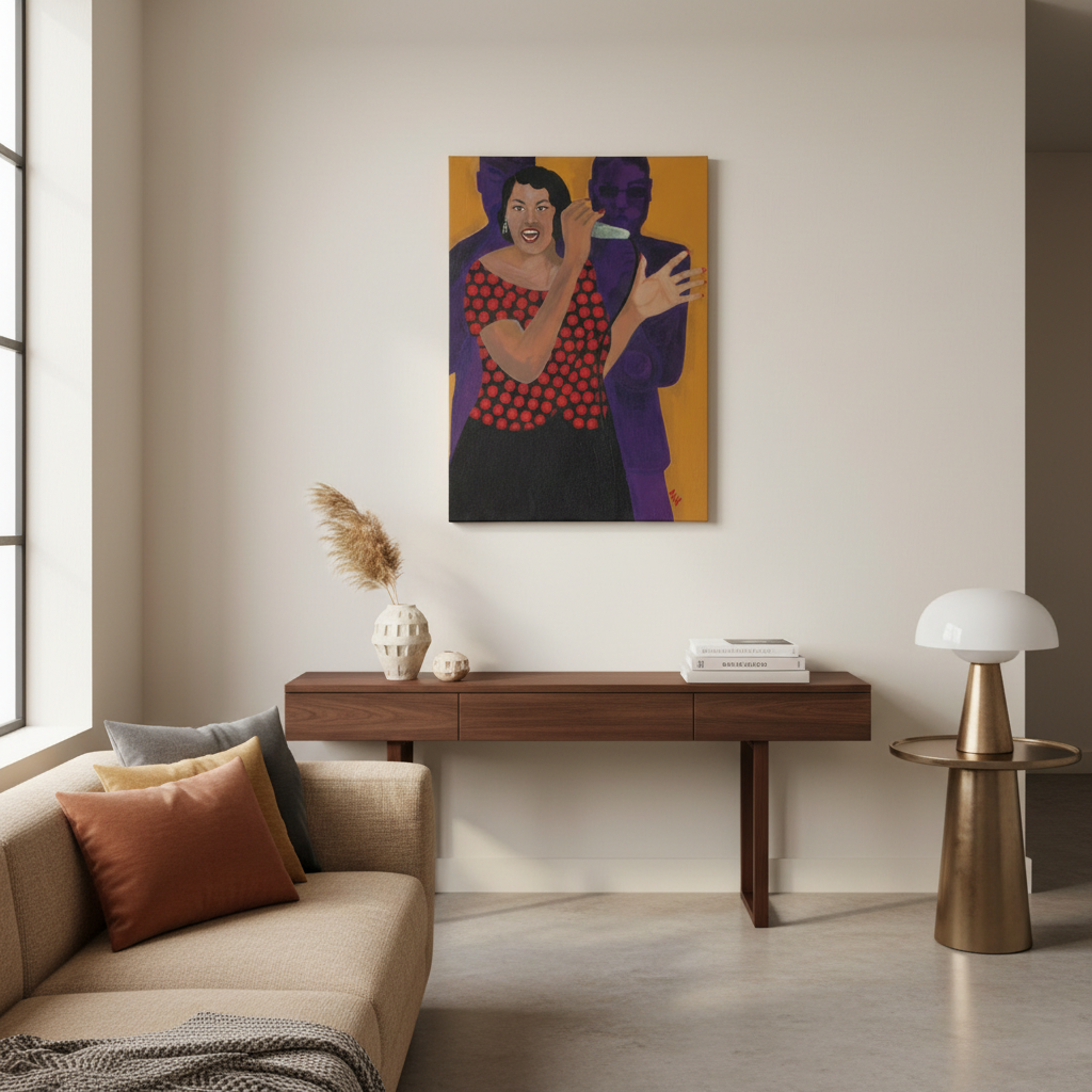 Jazz Singer canvas print in modern living room lifestyle shot — Black jazz vocalist wall art