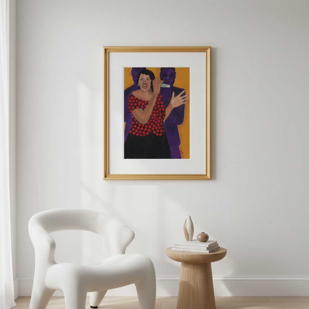 Framed artwork of a couple on a wall above a white chair and wooden side table.