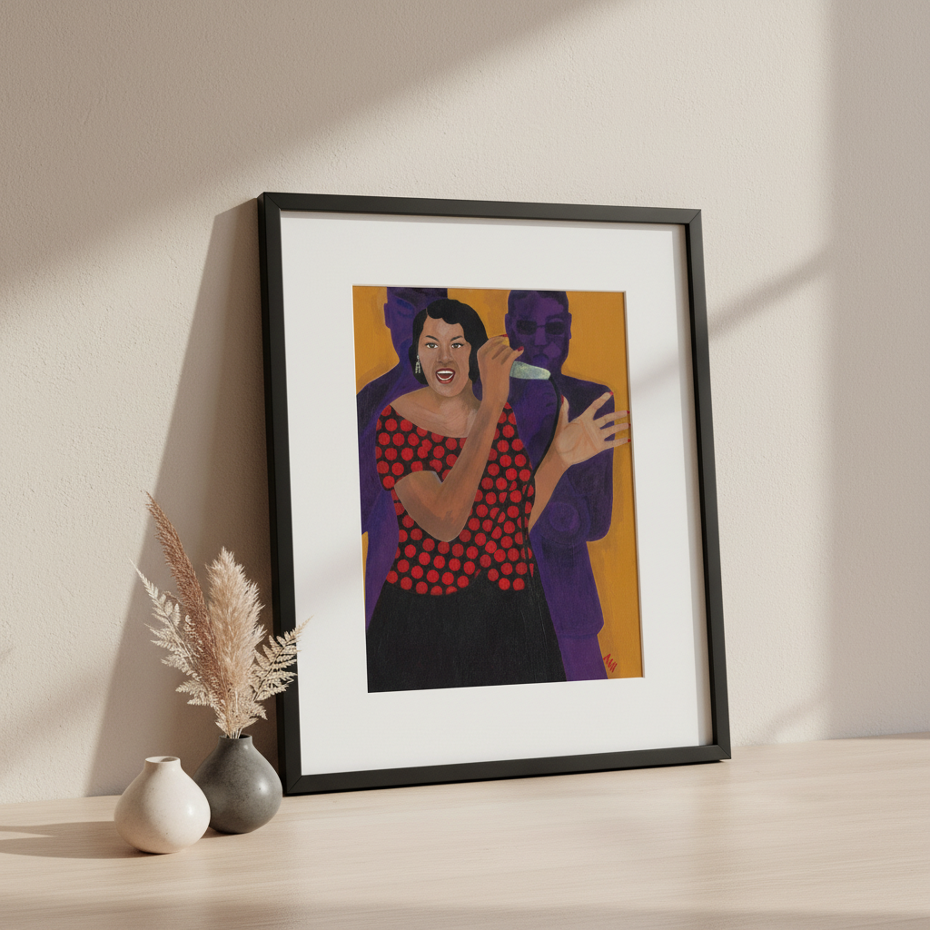 Framed artwork of a woman and a man on a beige wall with decorative vases below.