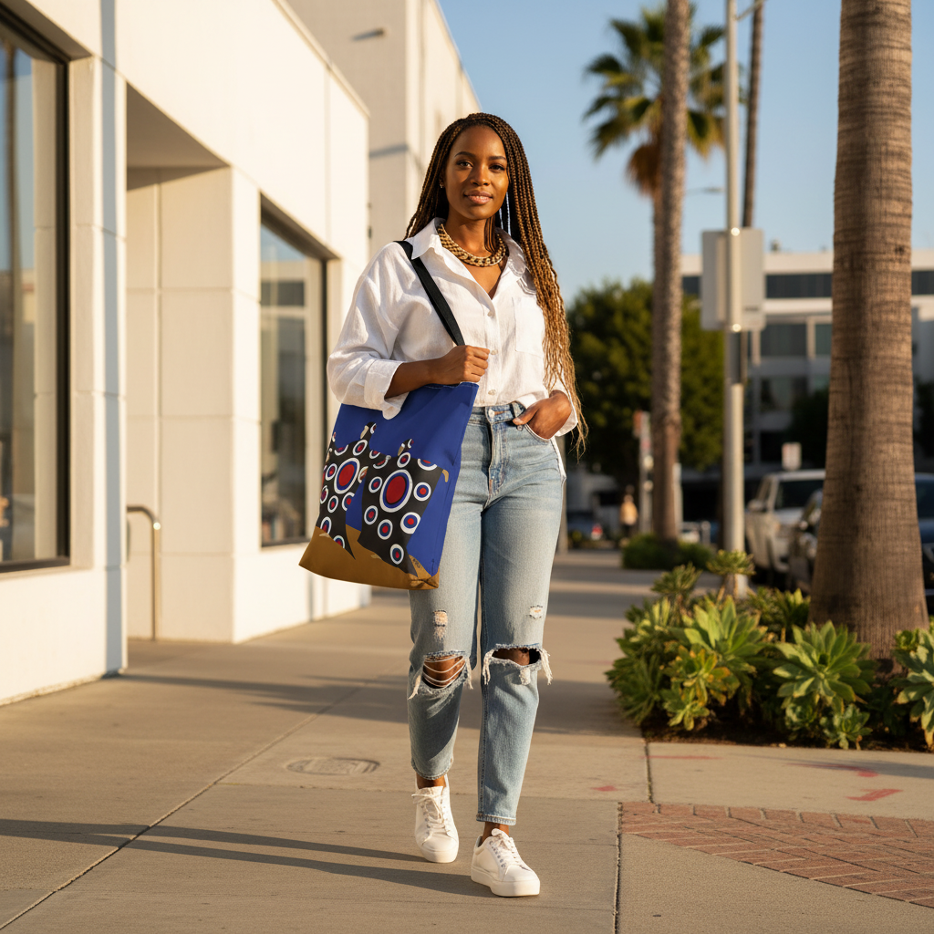 LA street style shot of Dance of the Dougla tote bag — wearable Caribbean heritage art by Antionette Simmons Hodges