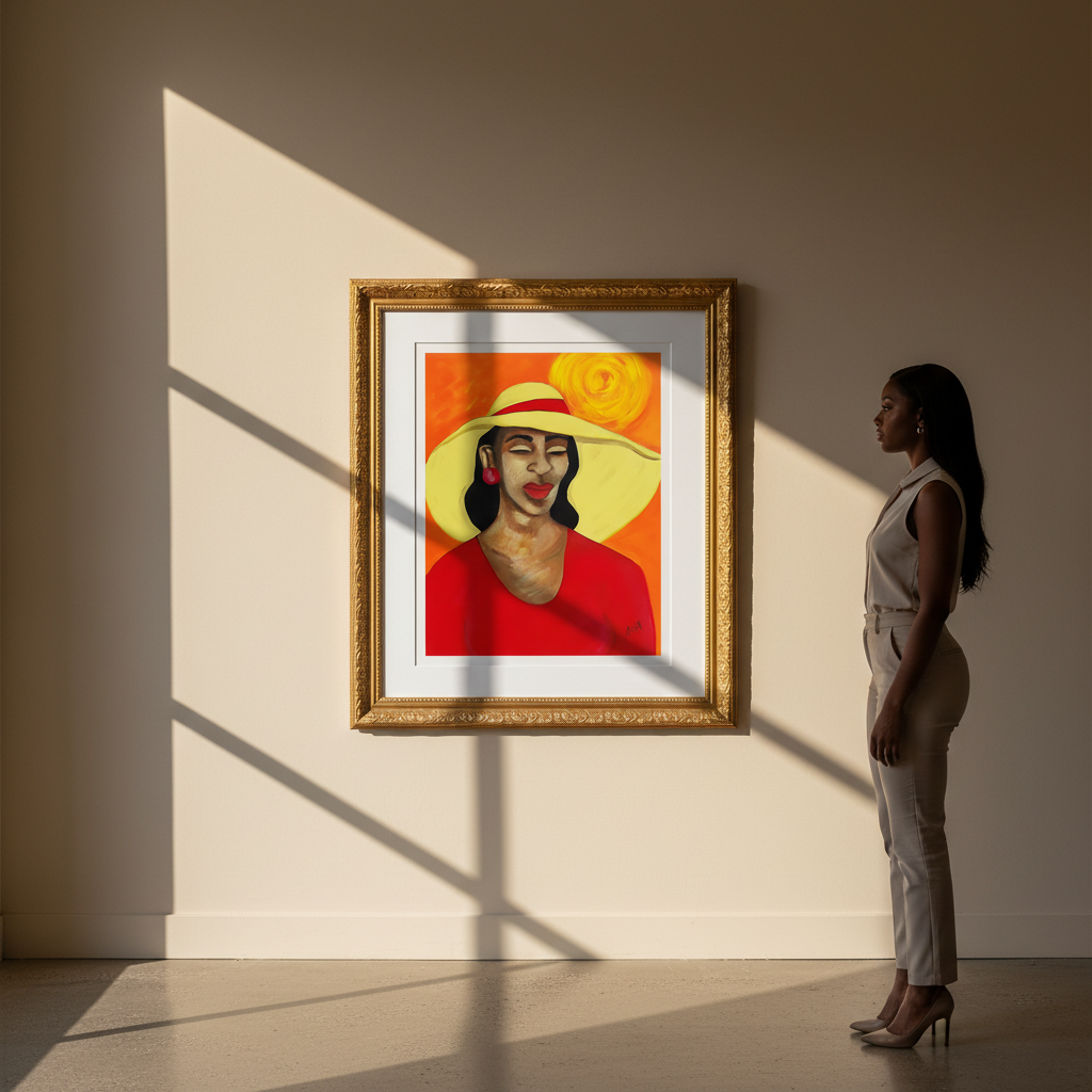 Woman looking at a painting of a woman in a yellow hat and red dress on a wall.