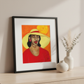 Framed artwork of a woman wearing a yellow hat on a shelf with decorative vases.