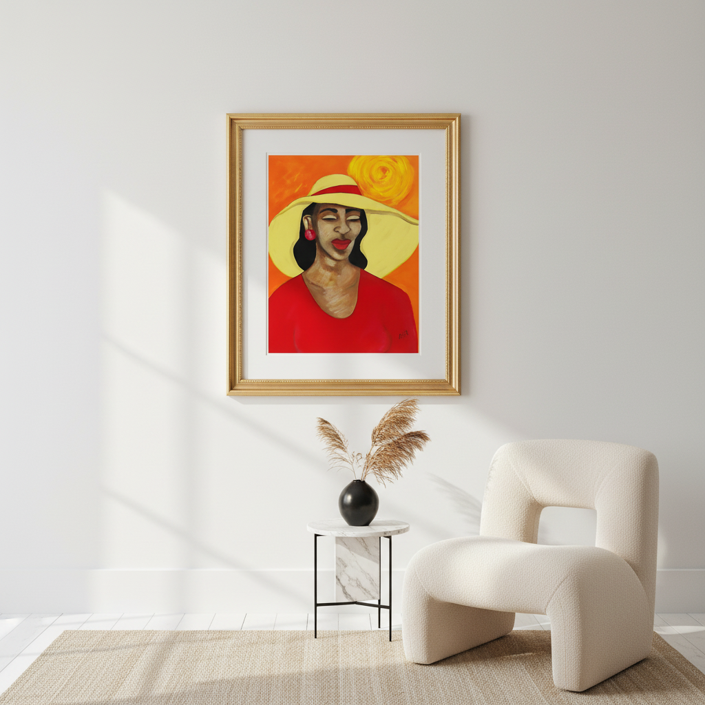 Framed artwork of a woman in a red dress and yellow hat on a wall above a modern chair and side table.