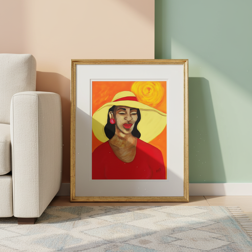 Framed artwork of a woman wearing a yellow hat and red dress in a living room setting.