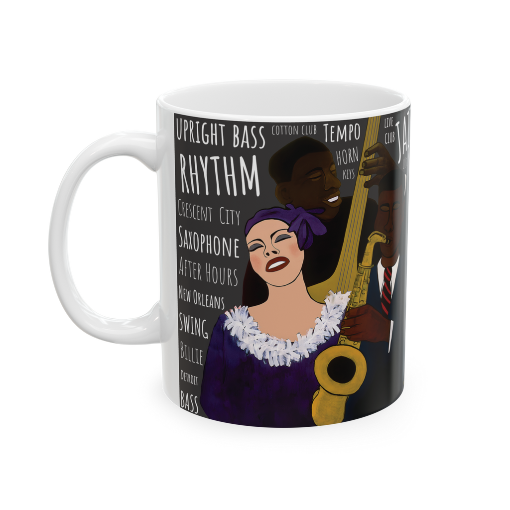 Battle of the Jazz Bands 11oz mug left side view — charcoal colorway Black art jazz ceramic coffee cup