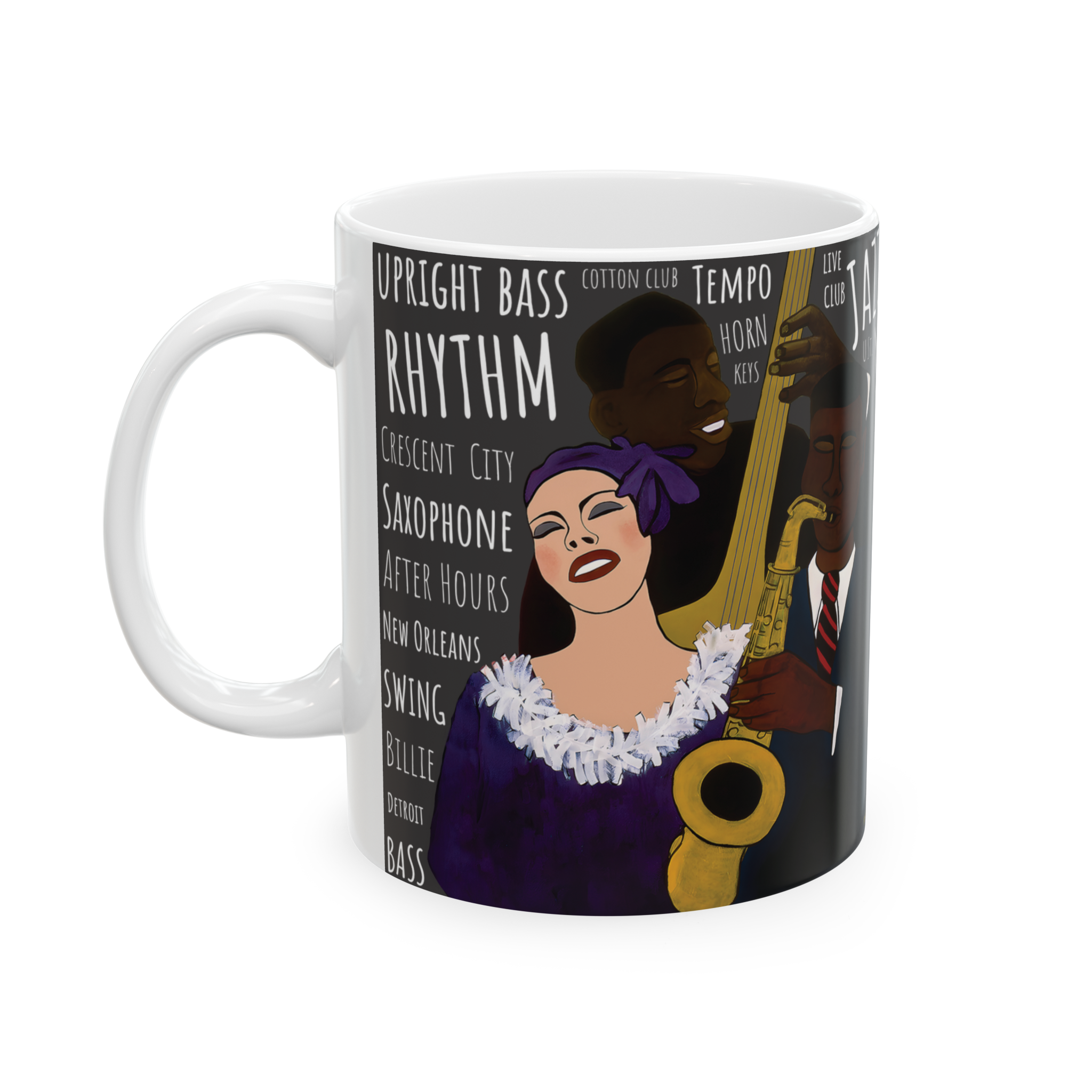 Battle of the Jazz Bands 11oz mug left side view — charcoal colorway Black art jazz ceramic coffee cup