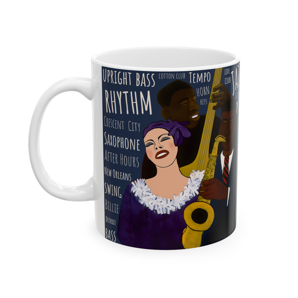 Battle of the Jazz Bands 11oz mug left side view — navy colorway Black art jazz ceramic coffee cup