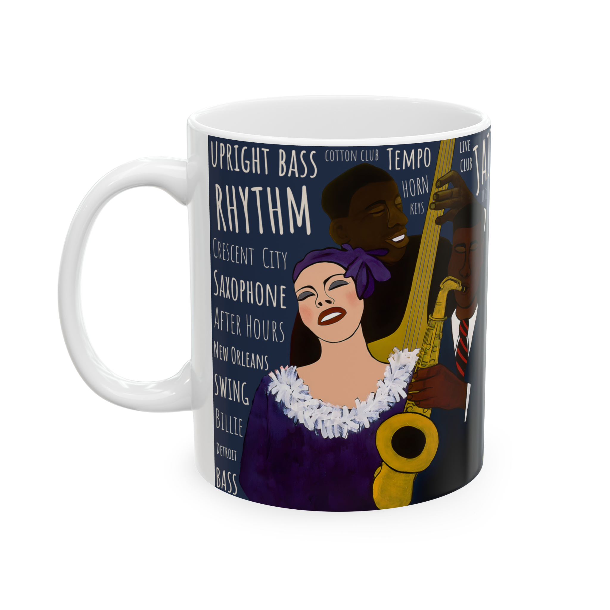 Battle of the Jazz Bands 11oz mug left side view — navy colorway Black art jazz ceramic coffee cup