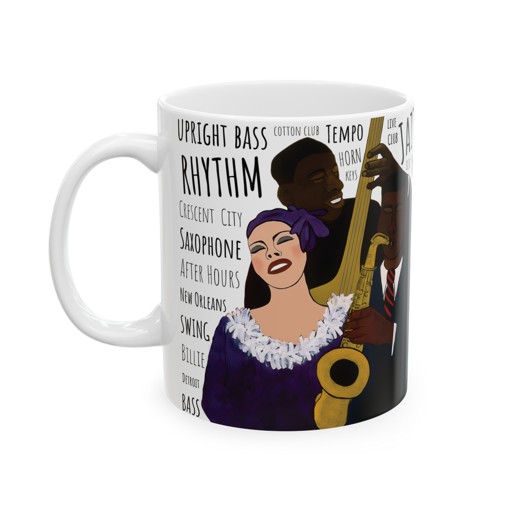 Battle of the Jazz Bands 11oz mug left side view — white colorway Black art jazz ceramic coffee cup