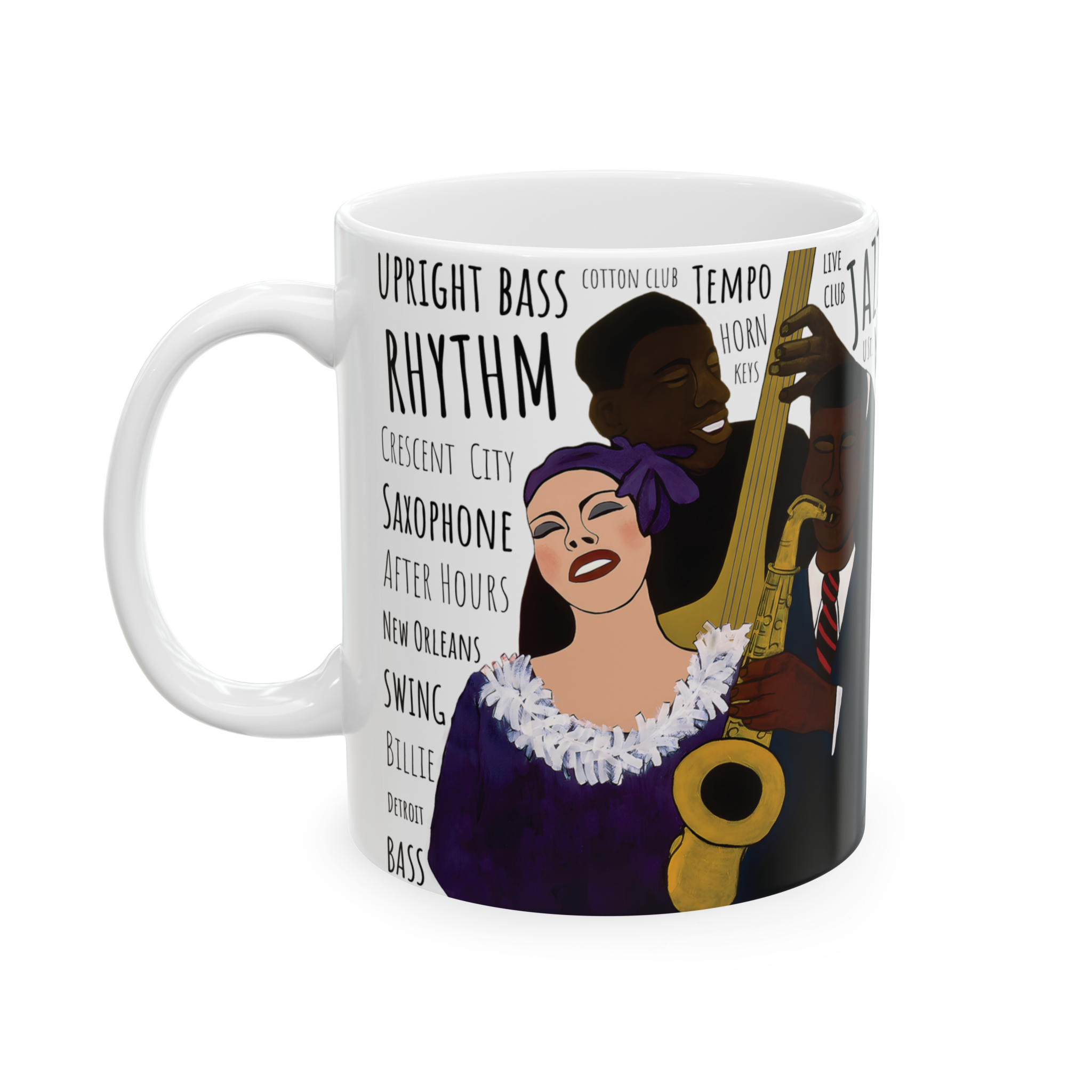 Battle of the Jazz Bands 11oz mug left side view — white colorway Black art jazz ceramic coffee cup