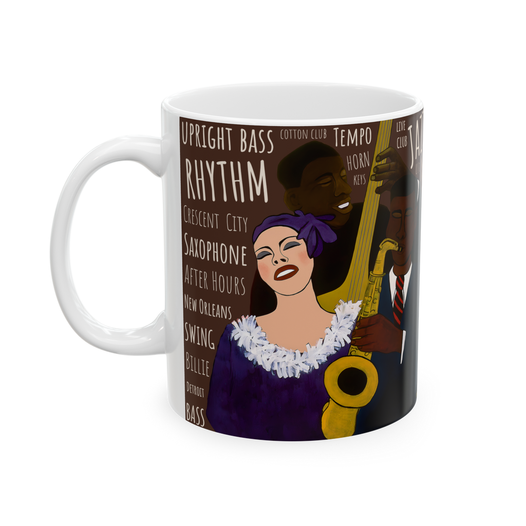Battle of the Jazz Bands 11oz mug left side view — espresso colorway Black art jazz ceramic coffee cup
