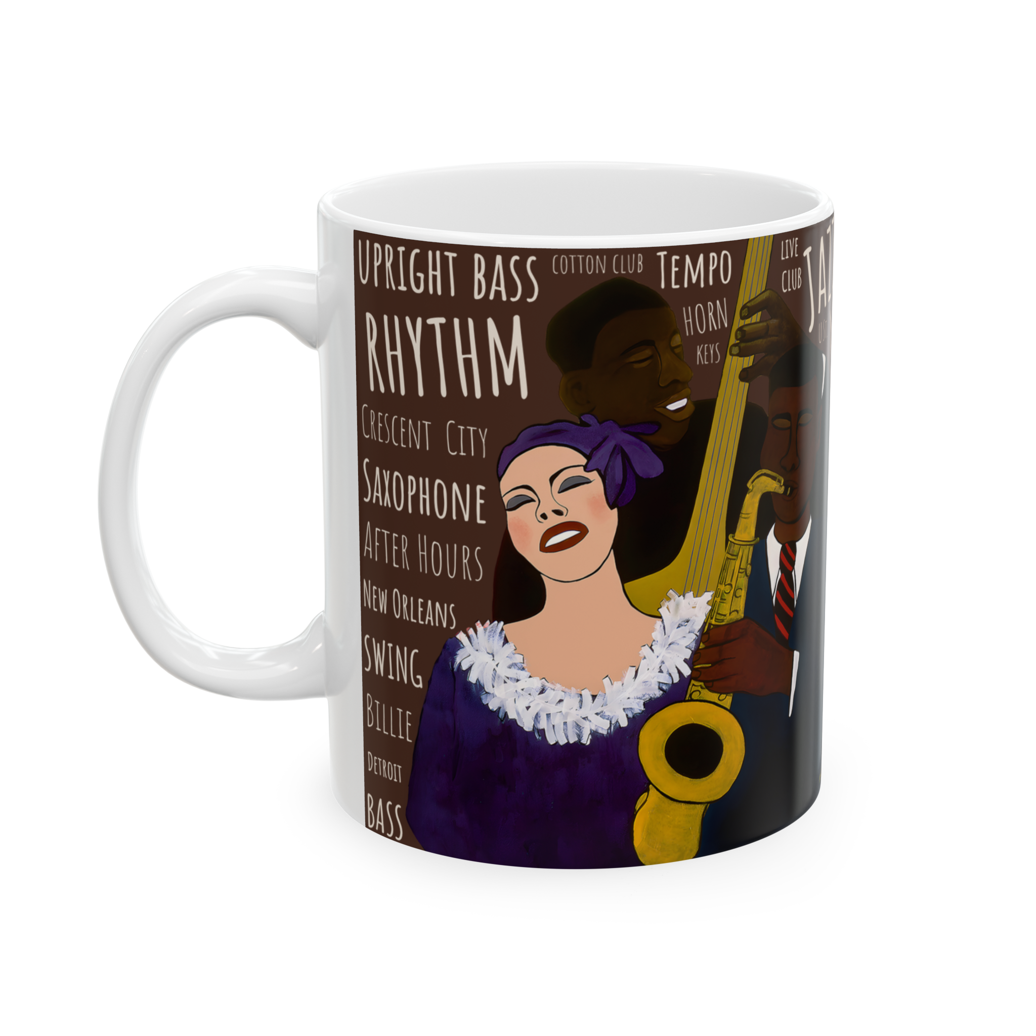 Battle of the Jazz Bands 11oz mug left side view — espresso colorway Black art jazz ceramic coffee cup