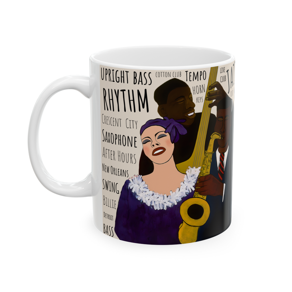 Battle of the Jazz Bands 11oz mug left side view — cream colorway Black art jazz ceramic coffee cup