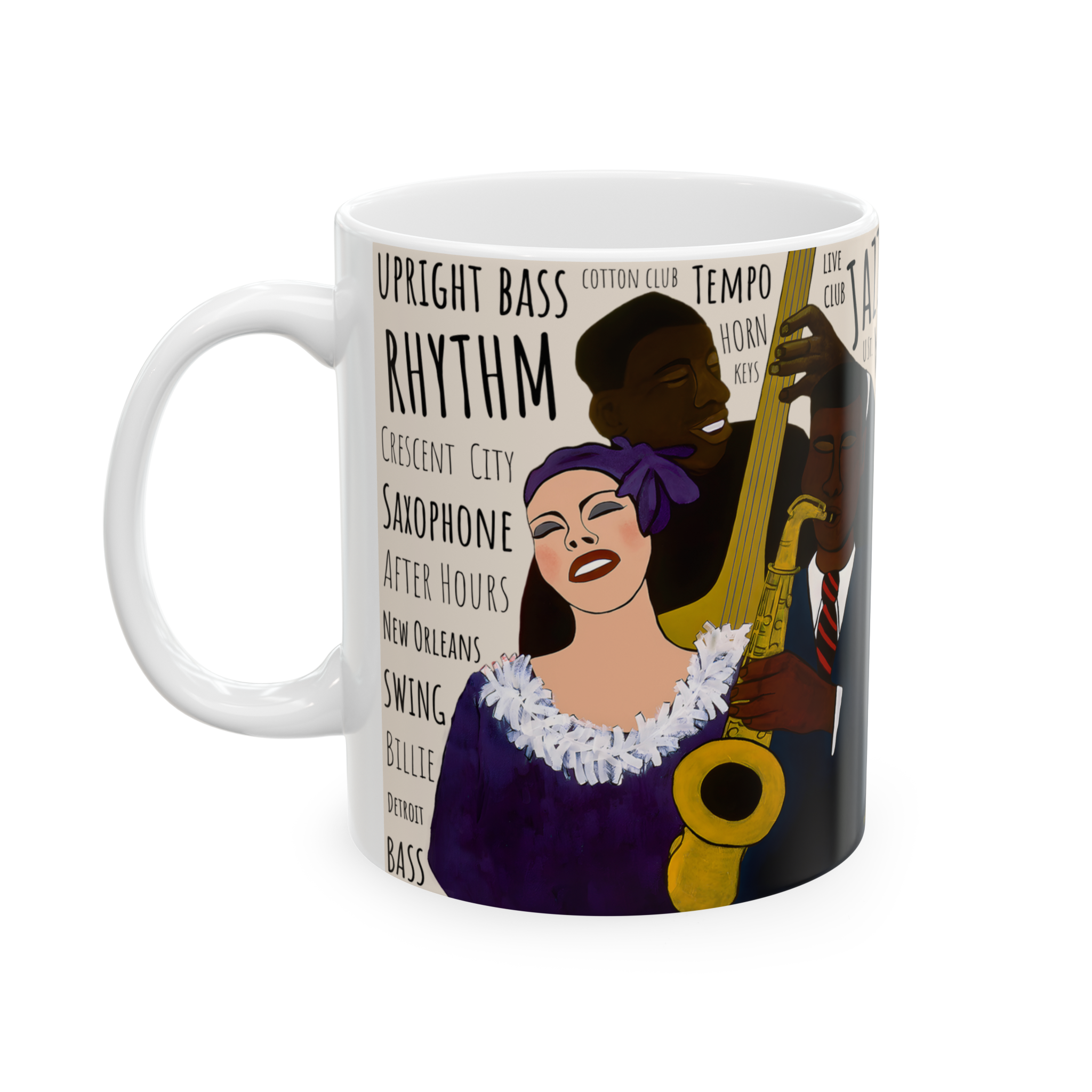 Battle of the Jazz Bands 11oz mug left side view — cream colorway Black art jazz ceramic coffee cup