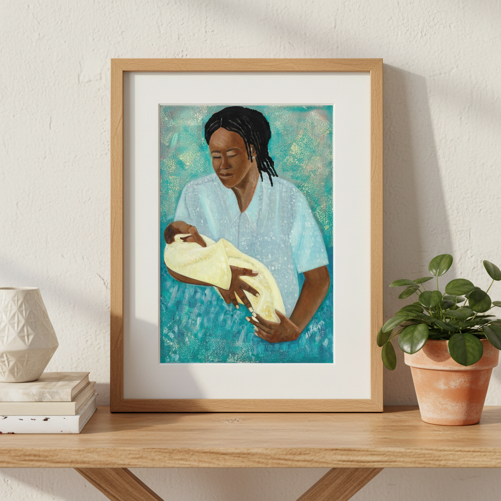 Black Mother and Baby Art | Maternal Love Wall Art - Loving Arms Fine Art Print