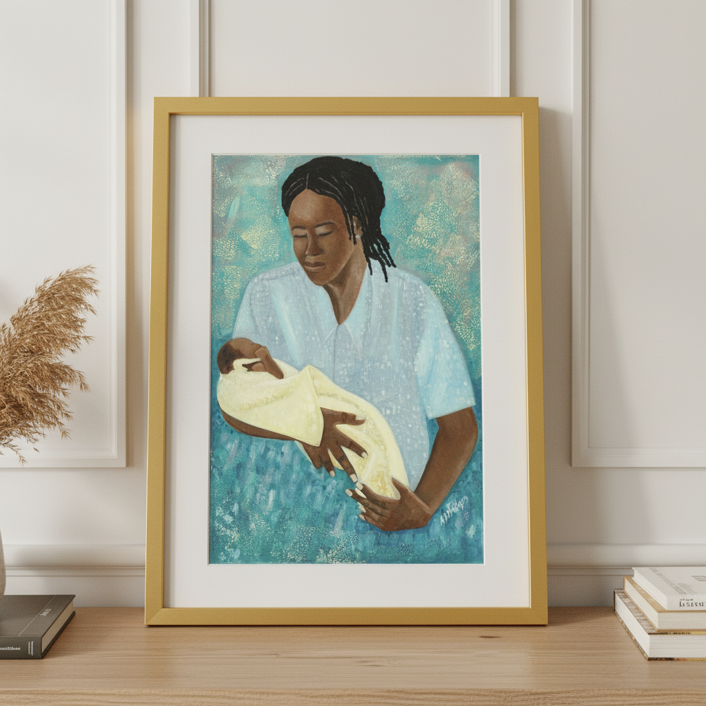 Black Mother and Baby Art | Maternal Love Wall Art - Loving Arms Fine Art Print