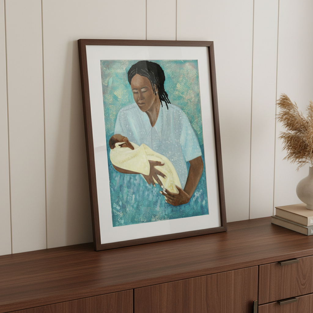 Black Mother and Baby Art | Maternal Love Wall Art - Loving Arms Fine Art Print