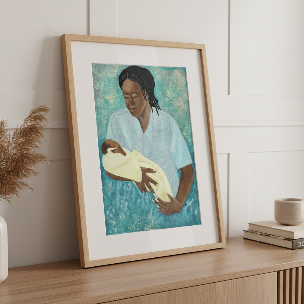 Black Mother and Baby Art | Maternal Love Wall Art - Loving Arms Fine Art Print