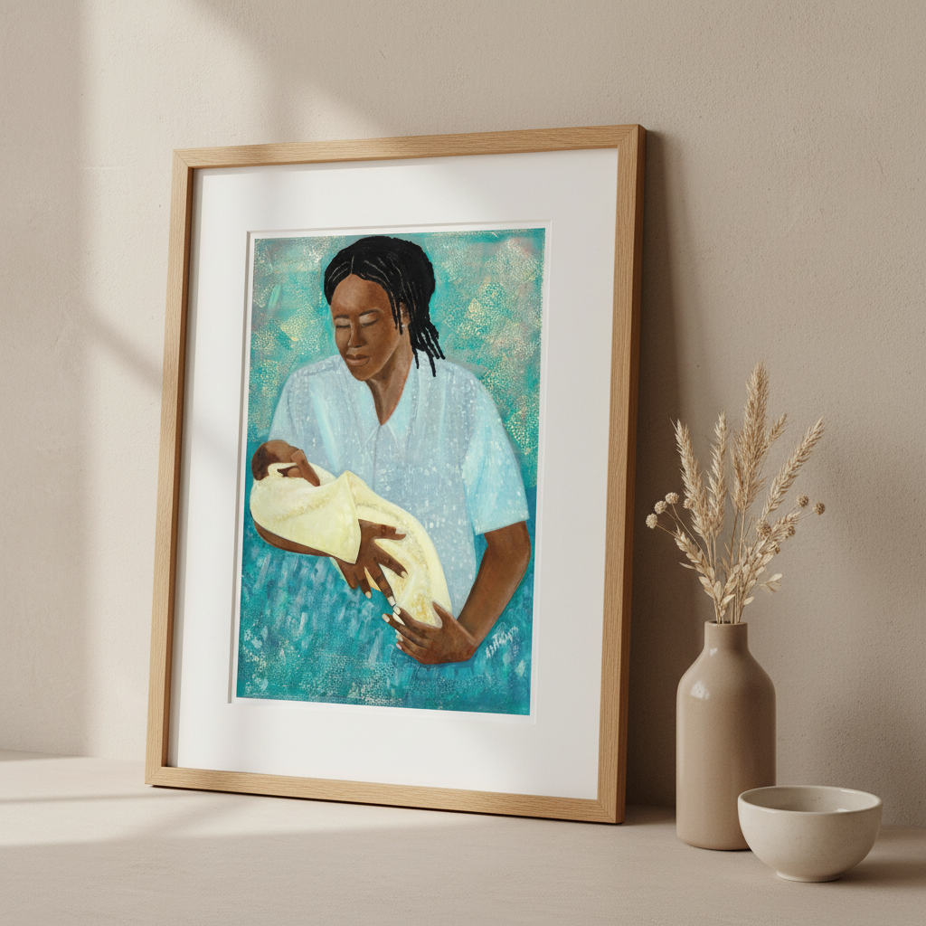 Black Mother and Baby Art | Maternal Love Wall Art - Loving Arms Fine Art Print