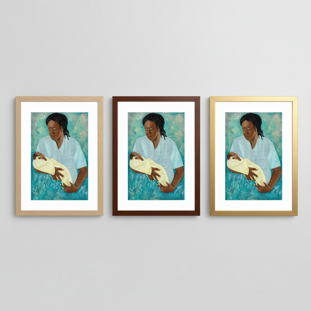 Three framed artworks of a woman holding a baby on a light gray background