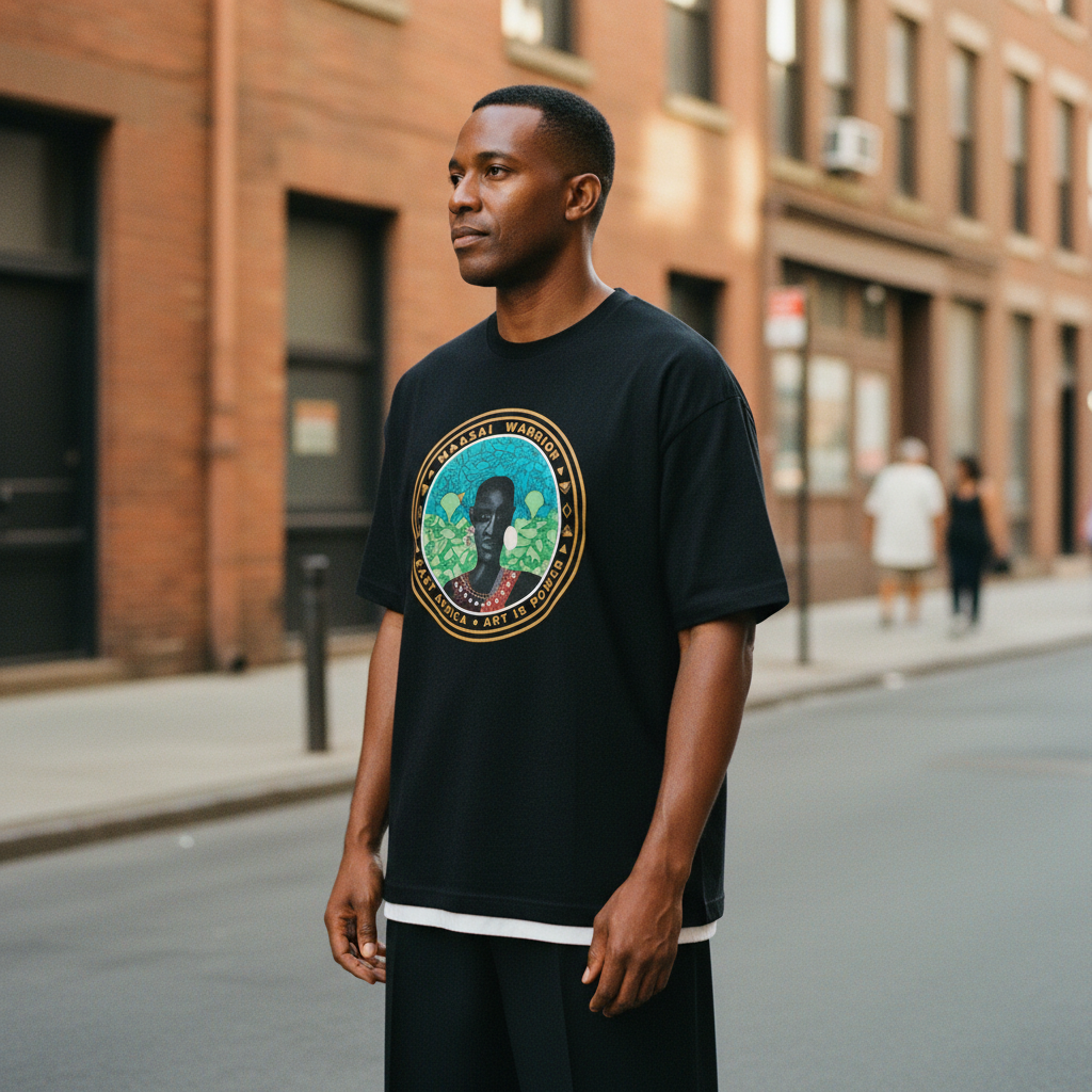 Black man on urban street wearing Maasai Warrior tee — Art Is Power Vol. I | Inkwell Fine Art Prints