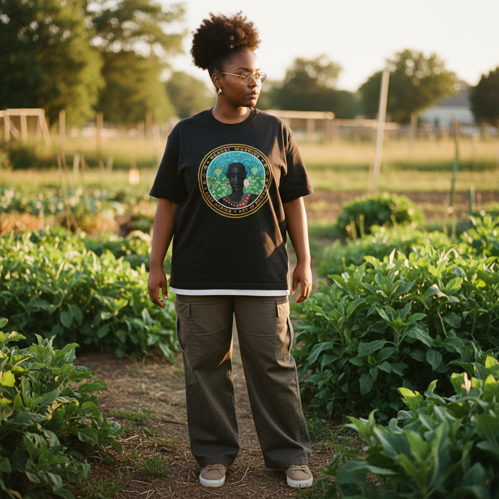 Black woman with afro in community garden wearing Maasai Warrior tee — Art Is Power Vol. I | Inkwell Fine Art Prints
