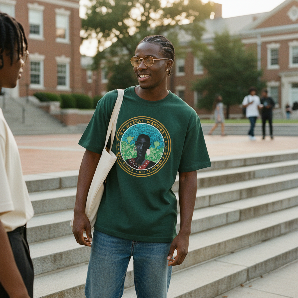 Person wearing Maasai Warrior forest green tee on campus steps — Art Is Power Vol. I | Inkwell Fine Art Prints