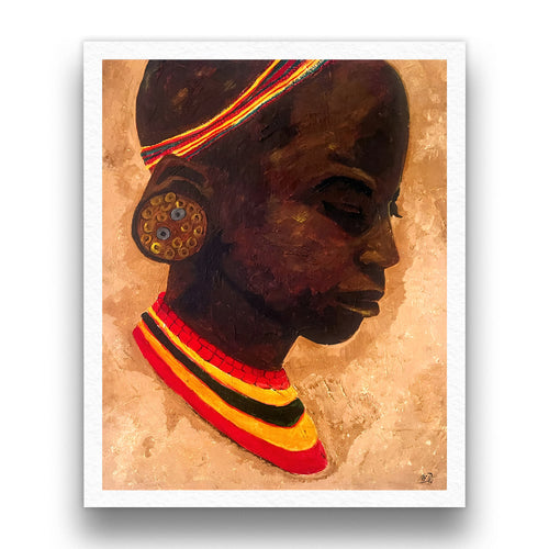 african art print of a girl with colorful beaded jewelry