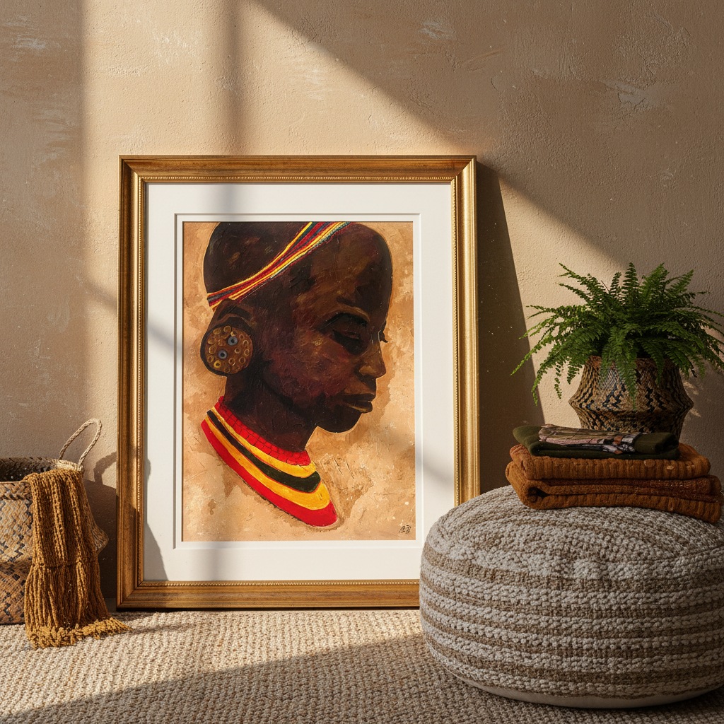 African female artwork in living room