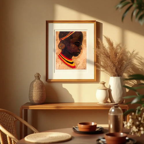 Framed african art print of a woman on a wall above a wooden shelf with decorative items.