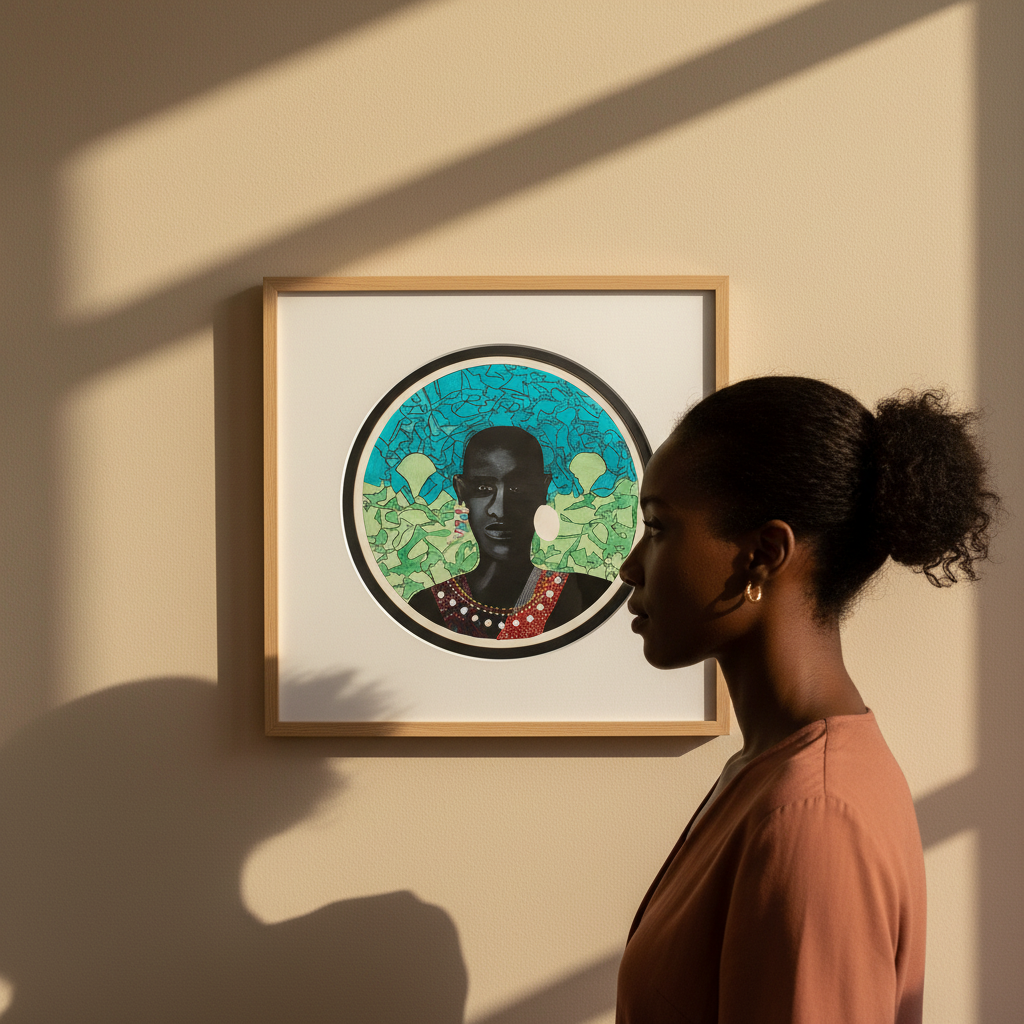Woman looking at a framed artwork of a person with a colorful circular design on a beige wall.