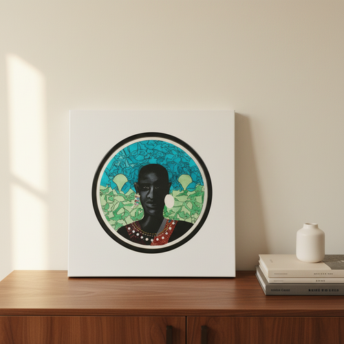 Maasai Warrior canvas print flat on sideboard overhead with books — African warrior canvas art