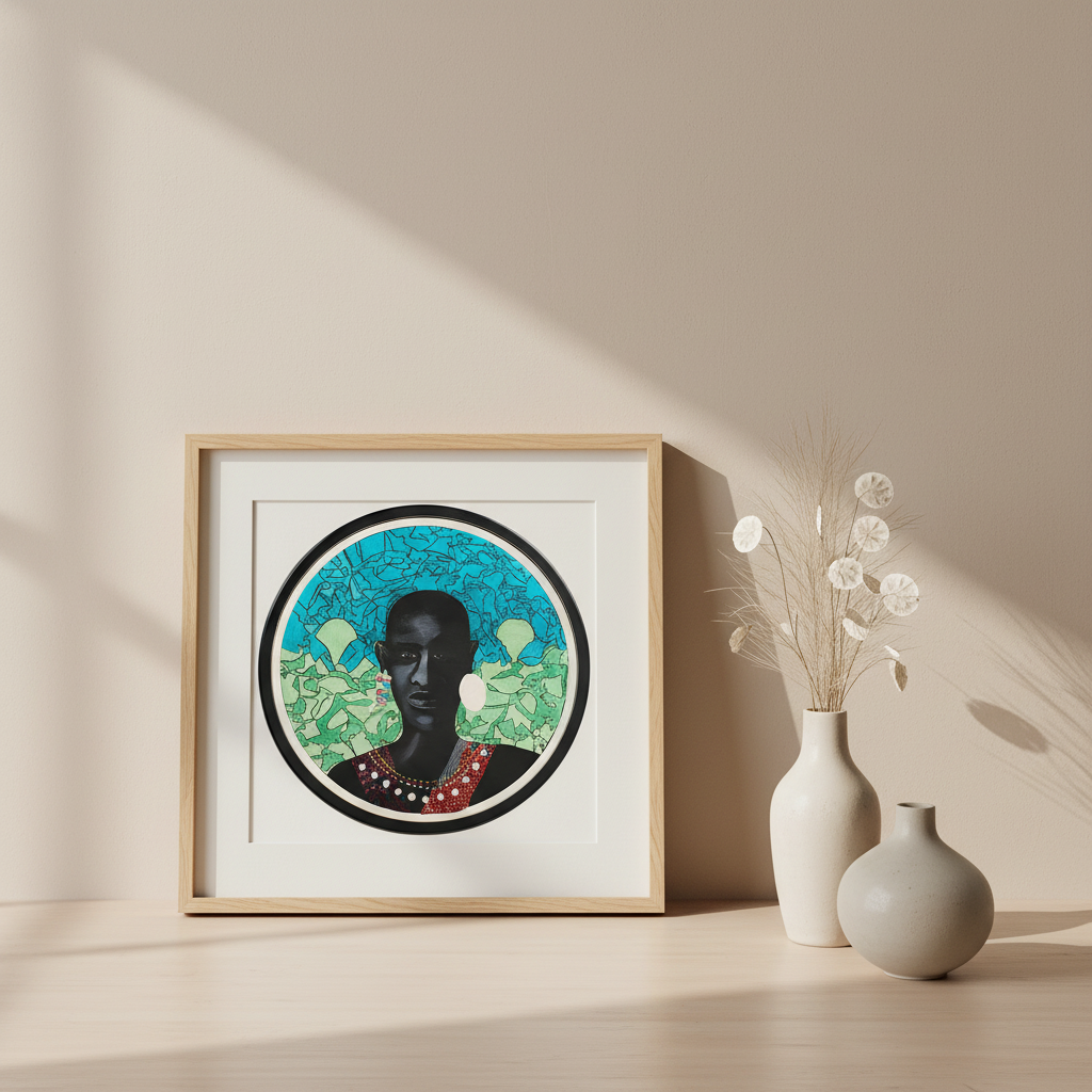 Framed artwork  of Masai warrior on a wall with two vases below
