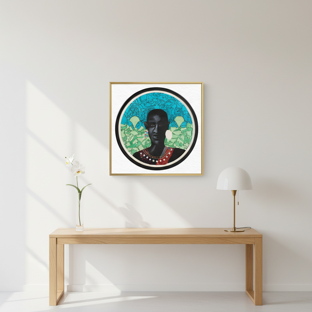 Maasai Warrior art print in modern white wall gold frame matted setting — African warrior wall art