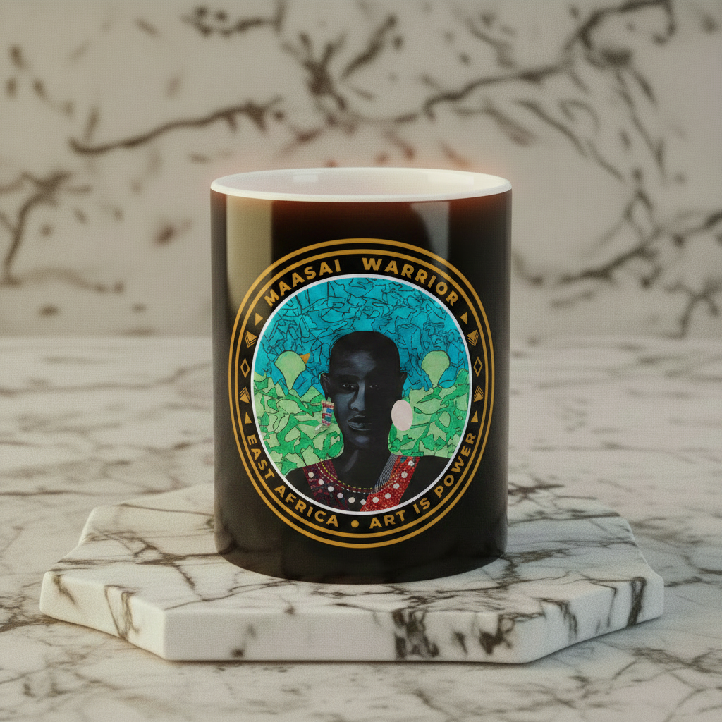 Maasai Warrior ceramic mug front view on marble riser — Art Is Power Vol. I by Inkwell Fine Art Prints
