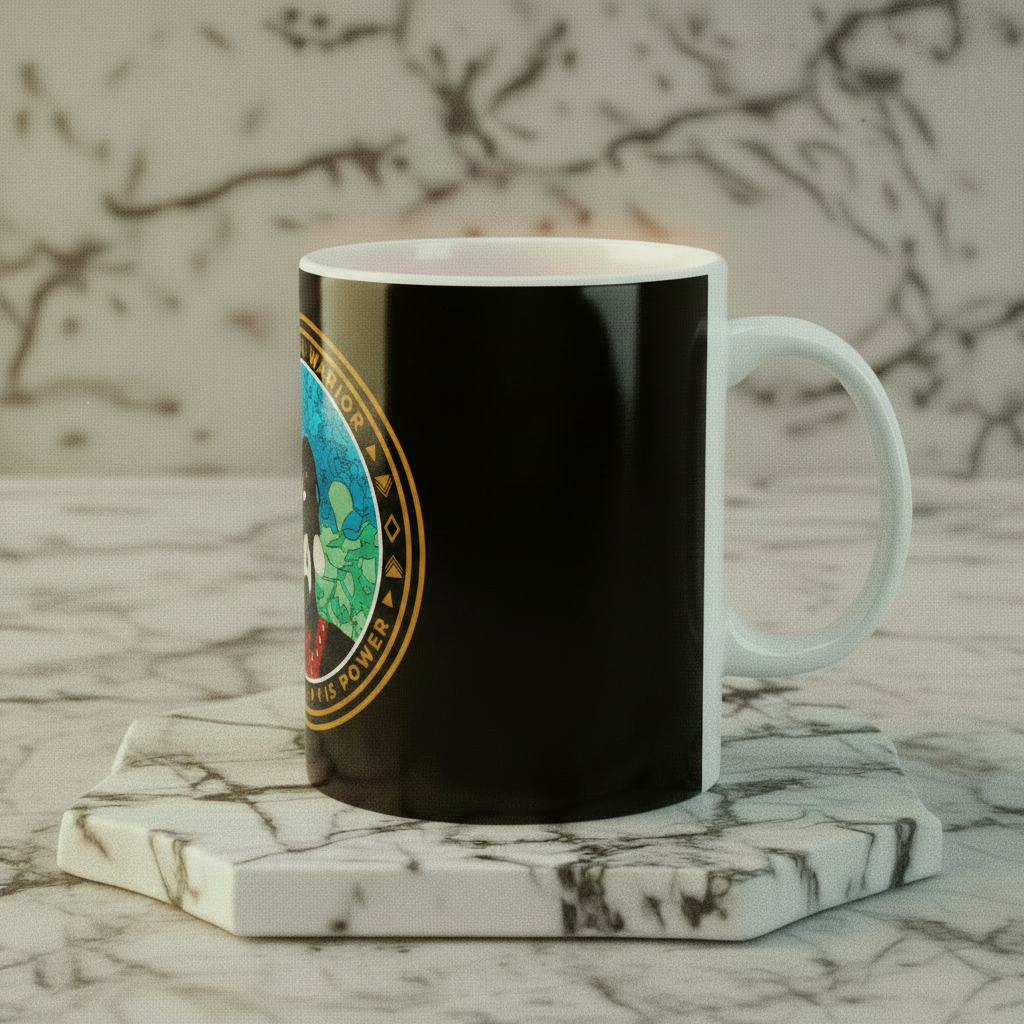 Maasai Warrior ceramic mug right side view on marble surface — Art Is Power Vol. I by Inkwell Fine Art Prints